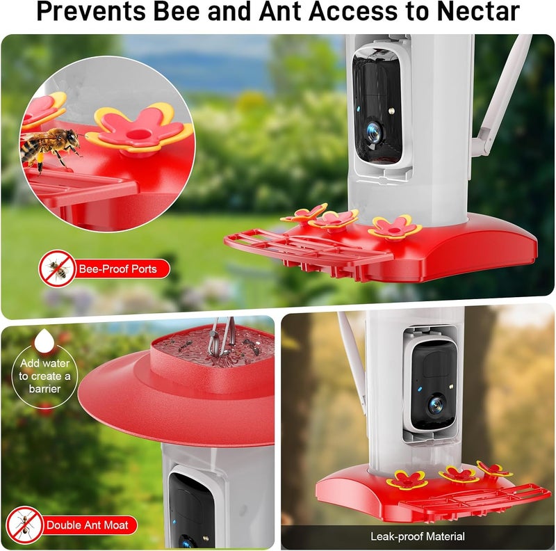 SV3C Hummingbird Feeder with Camera Outdoor, Hanging Bird Feeder with Ant Moat & Bee-Proof, HD 2K Solar Powered, AI Bird Identify, Instant App Alerts, Auto Capture, Hummingbird Lover Gifts, 21oz, Red - Image 5